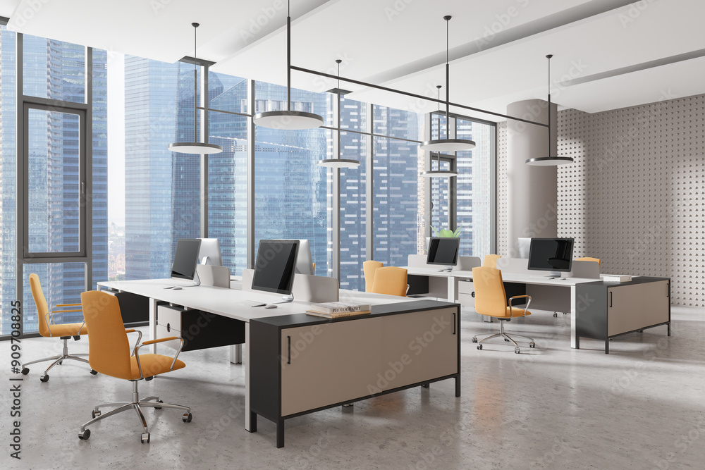 Beige office workplace interior with pc monitors in row, panoramic window Beige office workplace interior with pc monitors in row, panoramic window