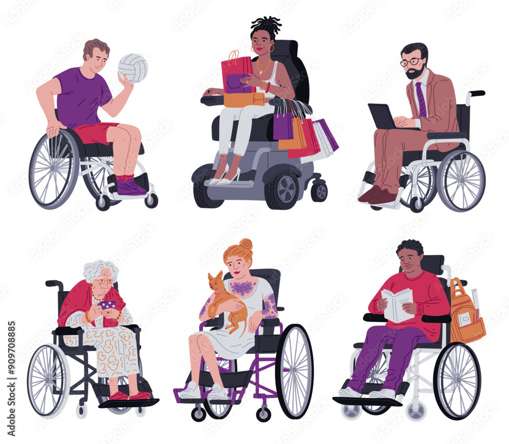 A variety of wheelchair activities. Collection on isolated background. A variety of wheelchair activities. Collection on isolated background.