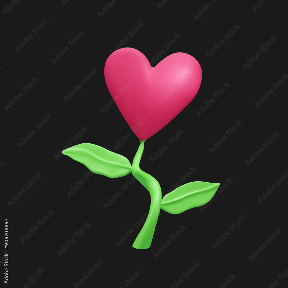 3d vector illustration vibrant pink heart-shaped flower emerges from a twisting green stem with two lush green leaves. The concept of growing love, charity, care. 3d vector illustration vibrant pink heart-shaped flower emerges from a twisting green stem with two lush green leaves. The concept of growing love, charity, care.