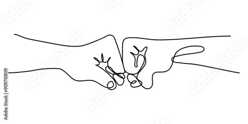 Art line  hand drawn man giving fist bump in white background. power of teamwork concept.