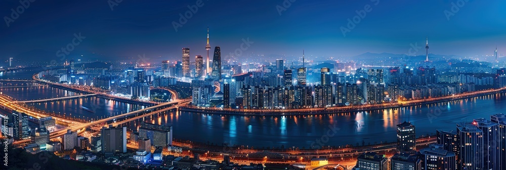 Fototapeta premium Seoul skyline at night with twinkling city lights, modern skyscrapers, and Han River reflecting the glow of the city.