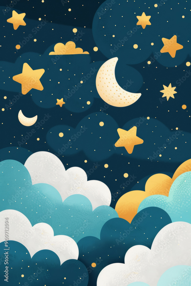 custom made wallpaper toronto digitalDark blue background with stars and clouds in the sky, golden dots on the dark blue background, cartoon wallpaper