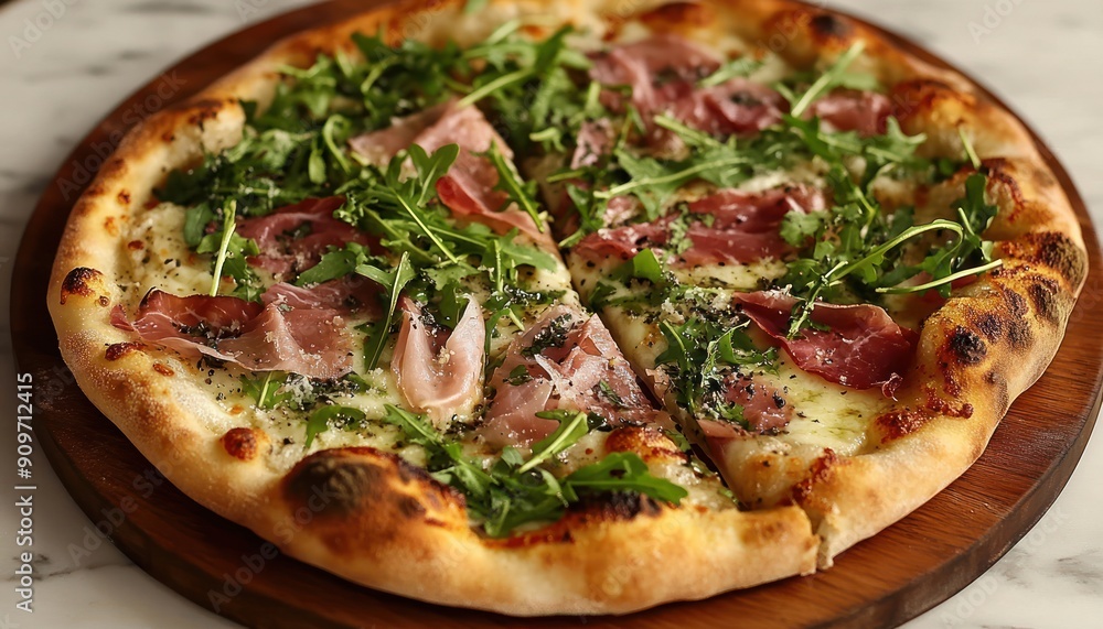 Pizza with Prosciutto, Arugula, and Cheese on a Wooden Board Pizza with Prosciutto, Arugula, and Cheese on a Wooden Board