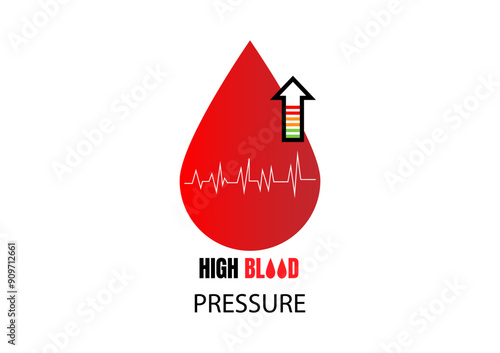 National high blood pressure concept. Red drop blood with high scale and upper arrow measure isolated on white background. For banners, card, and posters with text inscriptions.