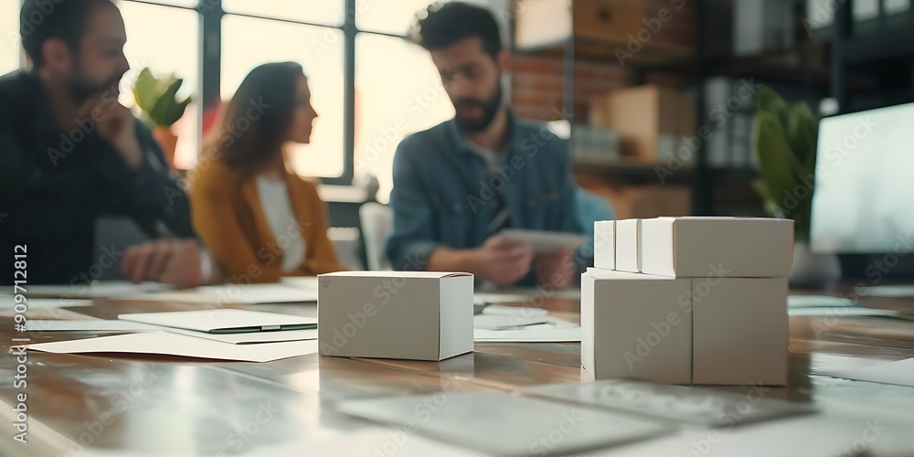 business people working in office, A team discussing packaging design mockups around a table, with the office blurred in the background. business people working in office, A team discussing packaging design mockups around a table, with the office blurred in the background.