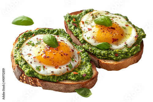 Healthy breakfast recipe Eggs on toast bread with pesto souse isolated on white background Transparent PNG