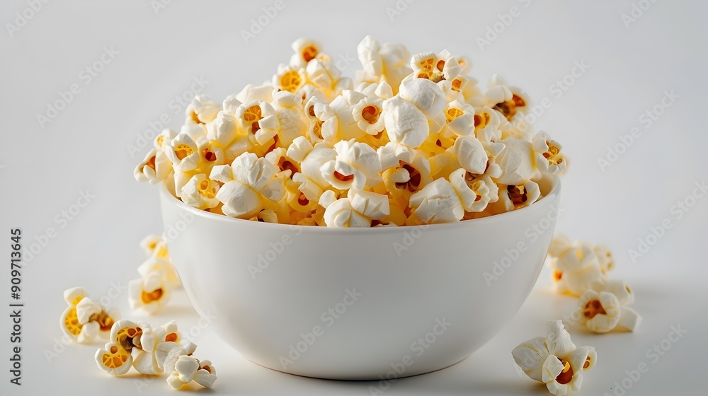 Buttered Popcorn in a Bowl on a White Background with Copy Space Buttered Popcorn in a Bowl on a White Background with Copy Space