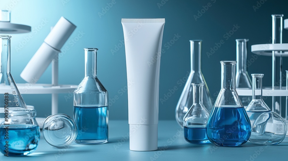 A white tube of toothpaste sits on a table next to a variety of glass beakers and bottles. Concept of scientific experimentation and discovery, with the tube of toothpaste serving as a curious