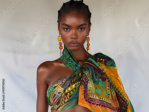 Beautiful model posing confidently in a white sarong tied around her waist on a beach. photo