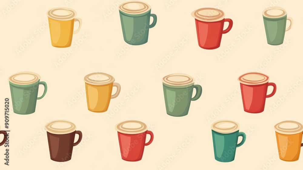 Seamless Tileable Coffee Mug Pattern Illustration - Cute and Colorful Beverage Design on Cream Background, Perfect for Fabrics, Wallpapers, and Digital Art Seamless Tileable Coffee Mug Pattern Illustration - Cute and Colorful Beverage Design on Cream Background, Perfect for Fabrics, Wallpapers, and Digital Art