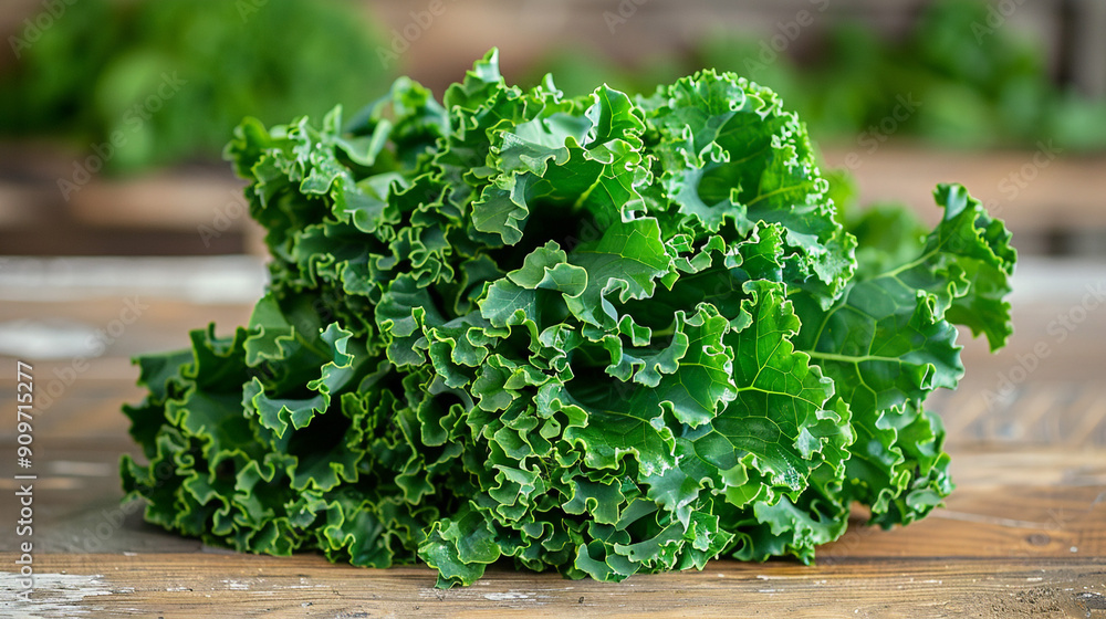 A UHD image of a bunch of fresh kale, the dark green leaves slightly curled and crisp, placed on a light-colored wooden table. A UHD image of a bunch of fresh kale, the dark green leaves slightly curled and crisp, placed on a light-colored wooden table.