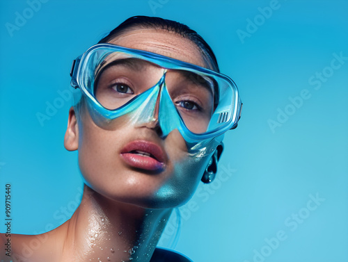 Fashion model in snorkel mask posing for underwater photoshoot with stylish attire and accessories. photo