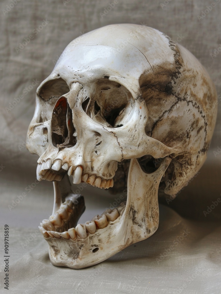Human skull on grey background. Human remains. Human skull on grey background. Human remains.