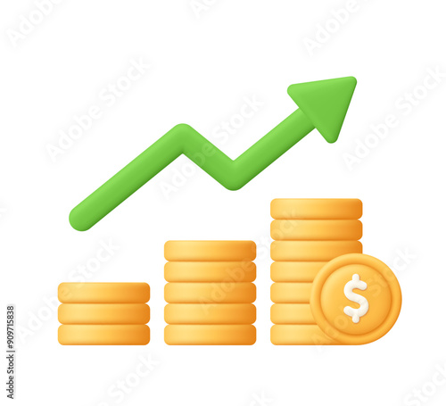 Coin stack growth chart with increasing arrow. Finance, capital and money increase concept. 3d vector icon. Cartoon minimal style.