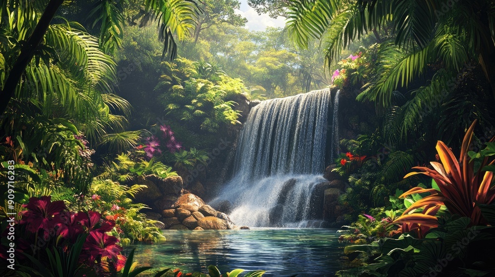 Beautiful jungle landscape featuring a serene waterfall flowing through dense forest foliage, surrounded by vibrant plants Beautiful jungle landscape featuring a serene waterfall flowing through dense forest foliage, surrounded by vibrant plants