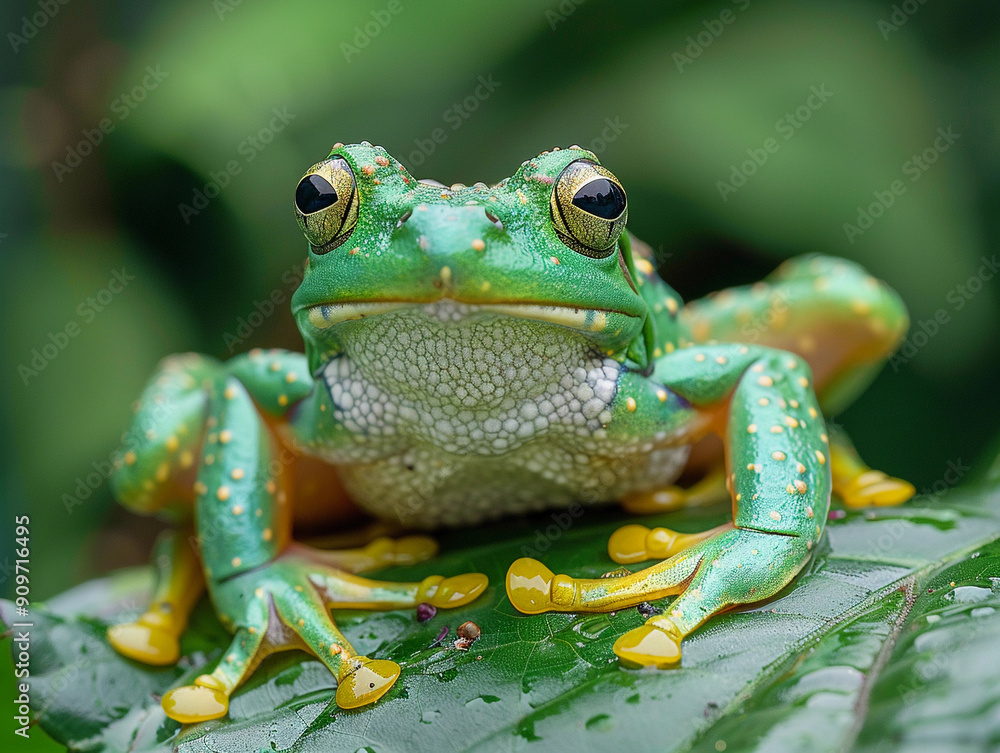 Obraz premium Vibrant Green Frog Resting on Leaf in Tropical Rainforest During Early Morning