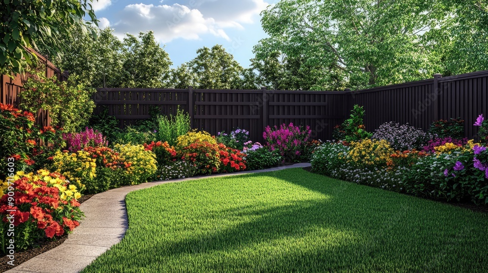 Obraz premium Beautifully landscaped backyard with a composition of vibrant flowers and green bushes, set against a wooden fence