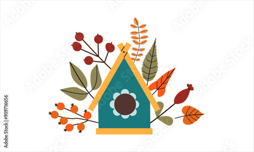 Vector illustration of autumn print with cute doodle bird on birdhouse and colored leaves . Autumn set of hand drawn cute cozy design elements. Fall, Thanksgiving Day, Autumn season.