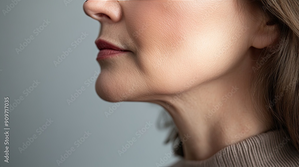 Close-up of a middle-aged woman profile, emphasizing the chin and lips for double chin treatment, set against a grey studio backdrop Close-up of a middle-aged woman profile, emphasizing the chin and lips for double chin treatment, set against a grey studio backdrop