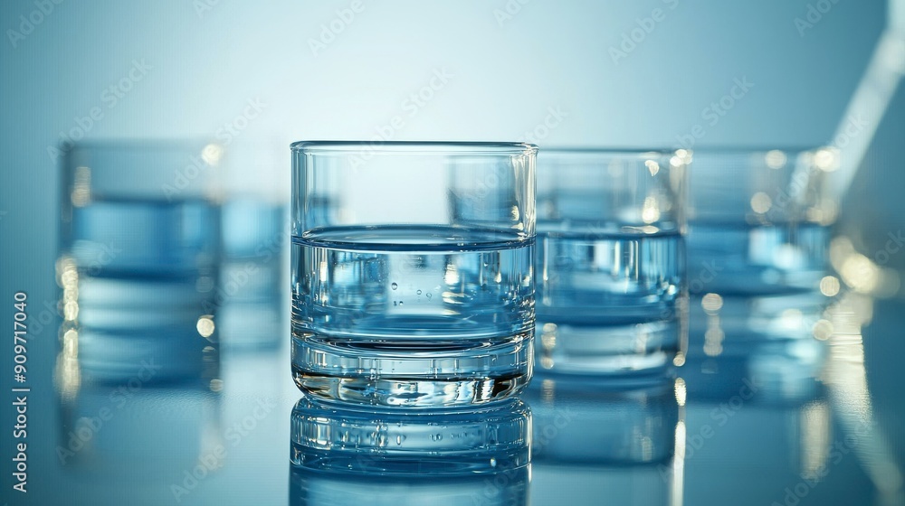 A row of glasses filled with water sit on a table A row of glasses filled with water sit on a table