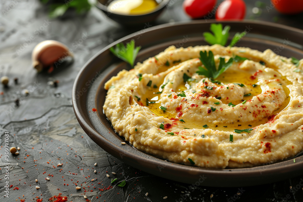 Homemade humus on dark background, closeup Homemade humus on dark background, closeup