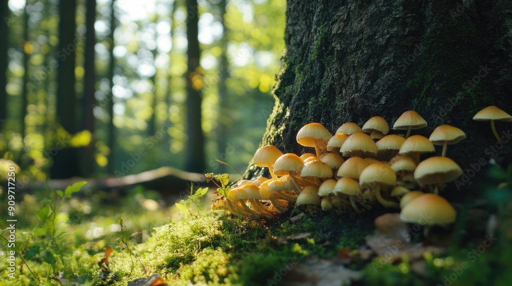 Close-up of mushrooms at the base of a tree in a spring forest clearing, with open space for an inscription or message Close-up of mushrooms at the base of a tree in a spring forest clearing, with open space for an inscription or message