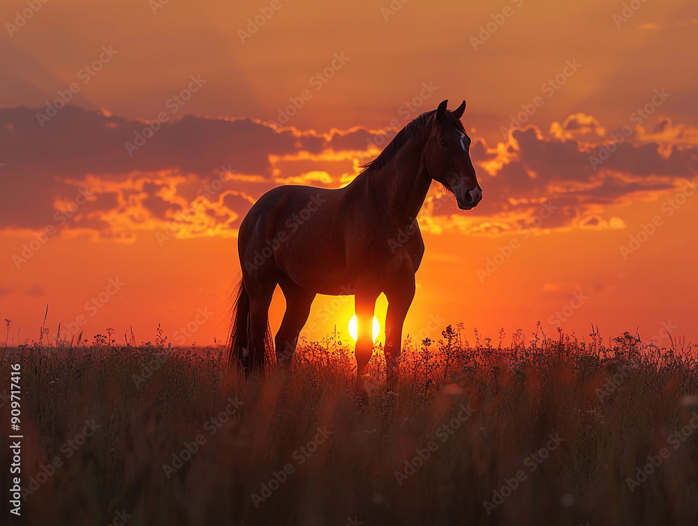 Φωτογραφία Silhouette of Horse Standing in Field Against Vibrant Sunset in Rural Landscape