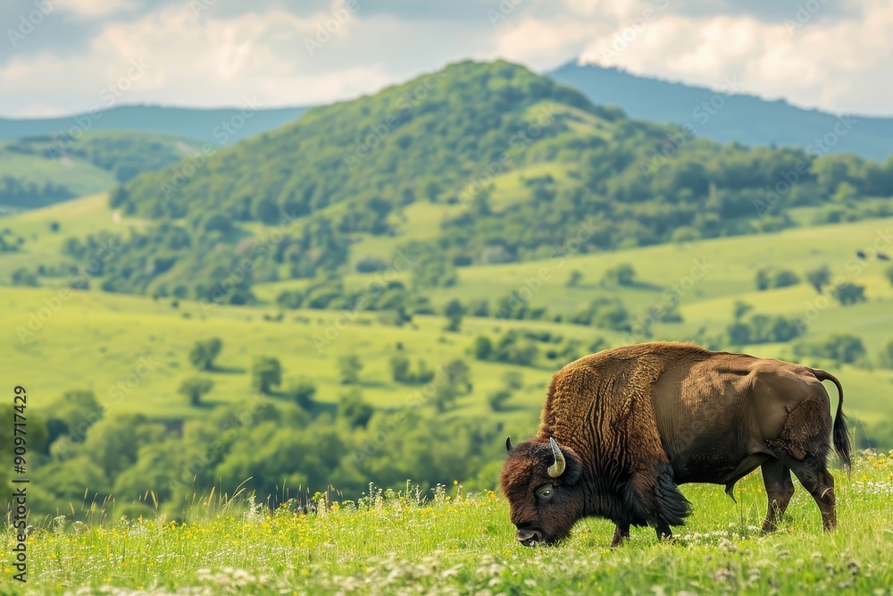 A picturesque scene of a European bison grazing in a lush green field with a backdrop of rolling hills. A picturesque scene of a European bison grazing in a lush green field with a backdrop of rolling hills.