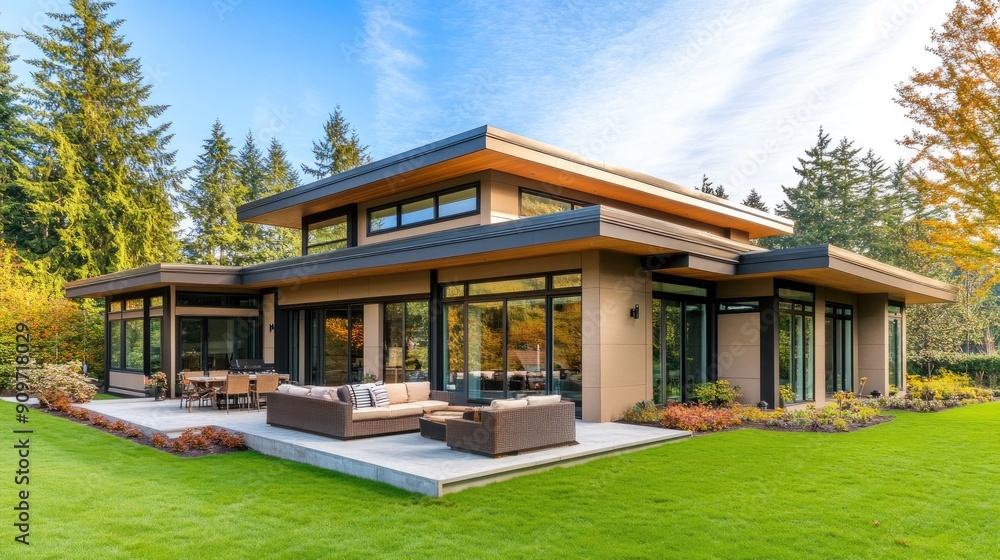Contemporary home exterior with flat roof, brown trim, and green lawn, with a patio furnished for outdoor activities, under a blue sky and near a forest Contemporary home exterior with flat roof, brown trim, and green lawn, with a patio furnished for outdoor activities, under a blue sky and near a forest