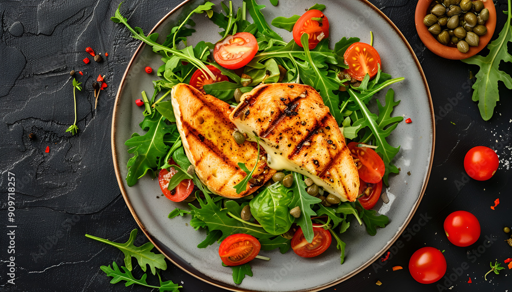 Fresh salad with grilled cheese, tomatoes, capers, lettuce and arugula Fresh salad with grilled cheese, tomatoes, capers, lettuce and arugula