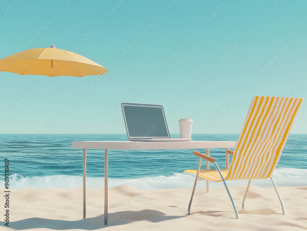 3D rendering of an outdoor office setup on a sandy beach 3D rendering of an outdoor office setup on a sandy beach