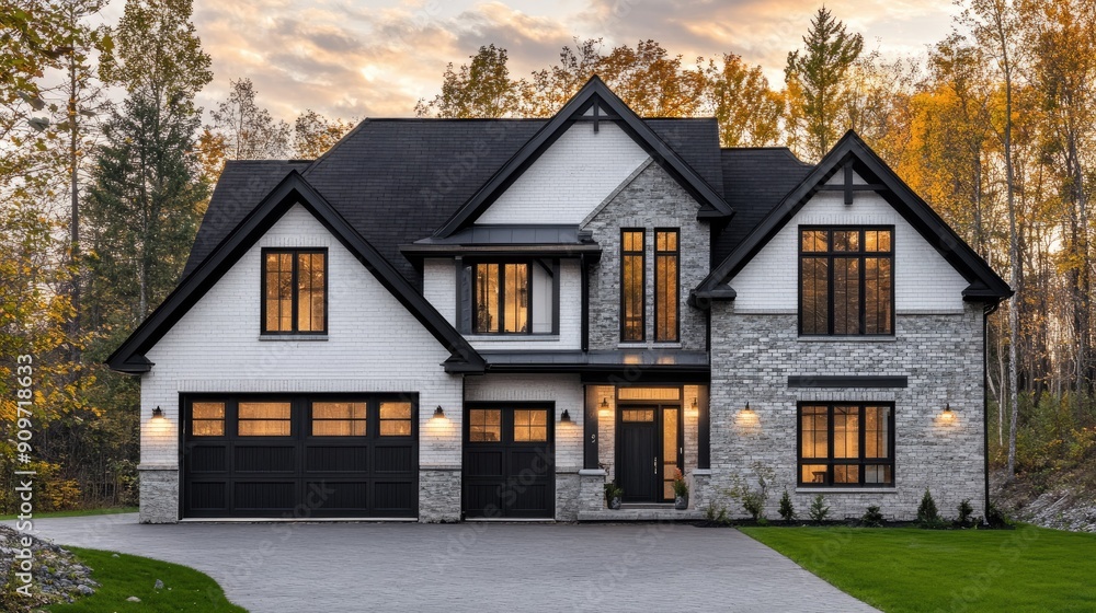 Elegant home exterior showcasing black-framed windows, white painted brick, cedar siding, and stylish black garage doors Elegant home exterior showcasing black-framed windows, white painted brick, cedar siding, and stylish black garage doors