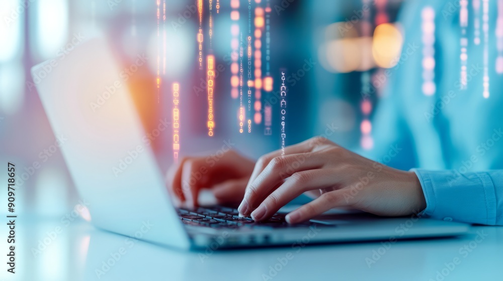 A close-up of hands typing on a laptop keyboard, with colorful data streams in the background, representing technology and innovation. A close-up of hands typing on a laptop keyboard, with colorful data streams in the background, representing technology and innovation.