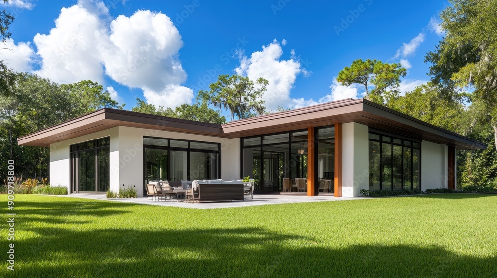 Elegant home with flat roof and brown trim, surrounded by lush grass, featuring an outdoor furnished patio, blue sky, and forest in the background Elegant home with flat roof and brown trim, surrounded by lush grass, featuring an outdoor furnished patio, blue sky, and forest in the background