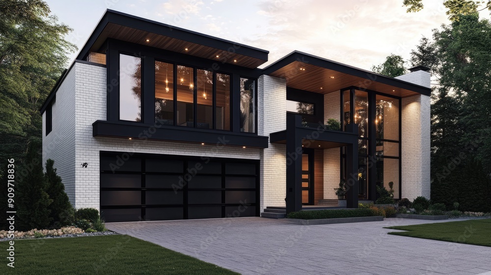 Elegant modern home featuring black garage doors, floor-to-ceiling windows, cedar siding, and white brick walls with sleek exterior light fixtures Elegant modern home featuring black garage doors, floor-to-ceiling windows, cedar siding, and white brick walls with sleek exterior light fixtures