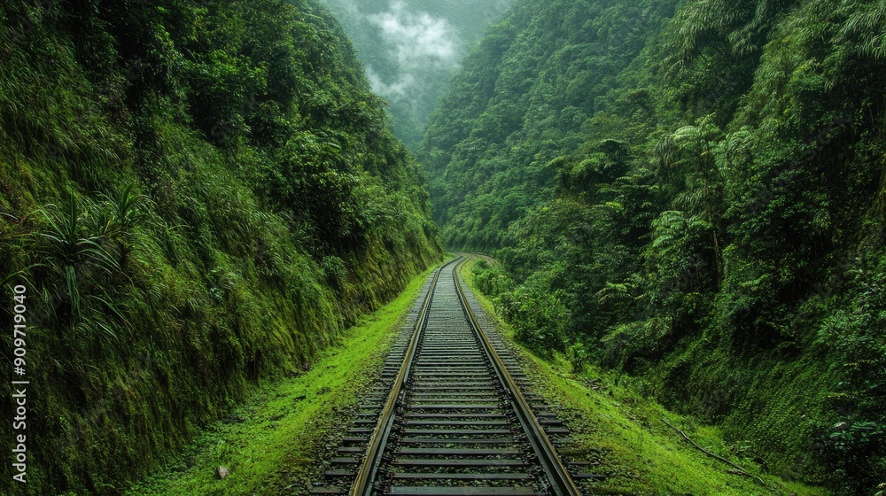 Fototapeta premium Enchanting train tracks cutting through a lush jungle, with greenery enveloping the scenic route