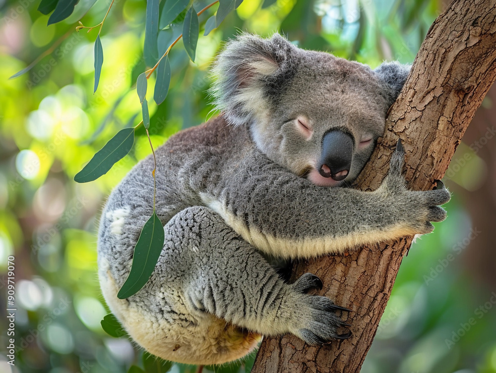 Koala Resting Peacefully on Tree Branch Covered in Green Leaves During the Daytime in Natural Habitat Koala Resting Peacefully on Tree Branch Covered in Green Leaves During the Daytime in Natural Habitat
