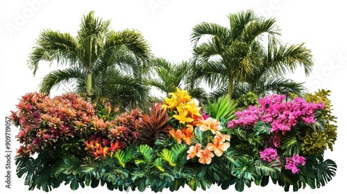 Exotic tropical flower bush with lush green foliage and bright blooms, isolated with clipping path for easy use