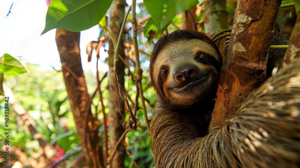 A playful sloth hanging on a tree branch, enjoying the sunshine in a lush tropical environment. A playful sloth hanging on a tree branch, enjoying the sunshine in a lush tropical environment.