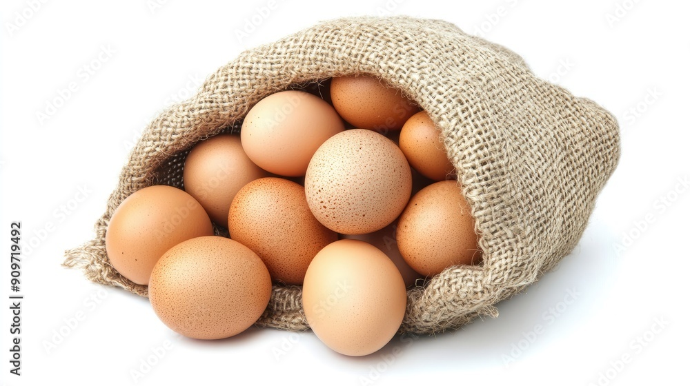 Fresh chicken eggs in a rustic burlap sack, viewed from above and isolated on white, emphasizing their farm-fresh quality Fresh chicken eggs in a rustic burlap sack, viewed from above and isolated on white, emphasizing their farm-fresh quality
