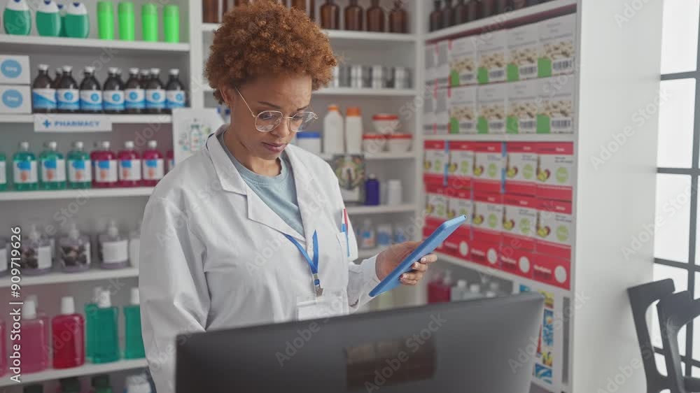 African american female pharmacist in lab coat using tablet in drugstore African american female pharmacist in lab coat using tablet in drugstore
