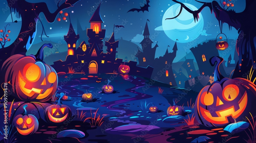 A spooky Halloween scene with a haunted castle, jack-o-lanterns and a full moon in the sky. A spooky Halloween scene with a haunted castle, jack-o-lanterns and a full moon in the sky.