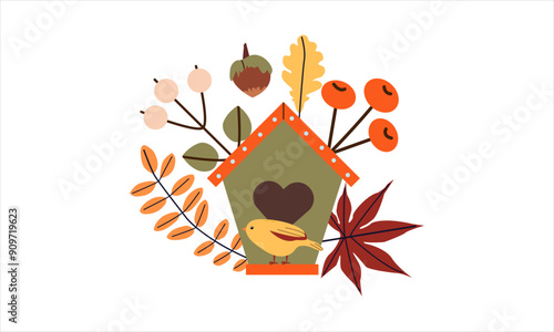 Vector illustration of autumn print with cute doodle bird on birdhouse and colored leaves . Autumn set of hand drawn cute cozy design elements. Fall, Thanksgiving Day, Autumn season.