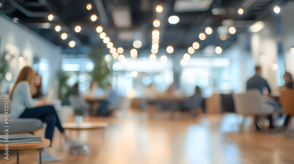 Blurred Casual Business Office with Warm Lighting and Flexible Workspaces Blurred Casual Business Office with Warm Lighting and Flexible Workspaces