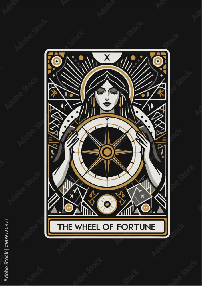 Obraz premium The Wheel of Fortune Tarot Card with Geometric Design Style