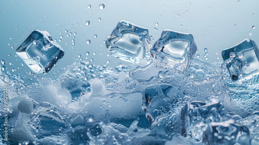 An abstract illustration of ice, with its transparent, clear cubes and flowing waves. liquid splash with frozen ice An abstract illustration of ice, with its transparent, clear cubes and flowing waves. liquid splash with frozen ice