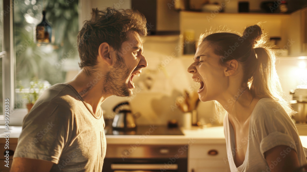 A young couple passionately argues in their kitchen, tension filling the air as they express their frustrations amidst the warm, natural glow of evening light A young couple passionately argues in their kitchen, tension filling the air as they express their frustrations amidst the warm, natural glow of evening light