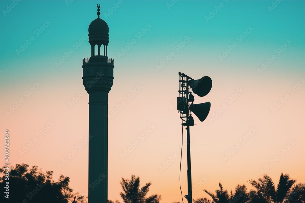 Obraz premium Silhouette of a minaret and loudspeakers against a colorful sunset sky, symbolizing the call to prayer in a serene setting.