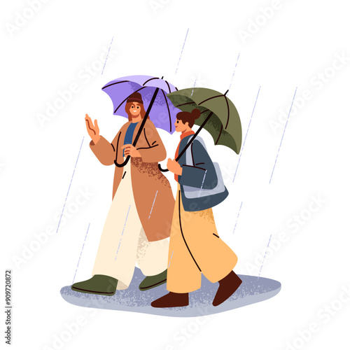 Women friends walking along street with umbrellas in rain. Happy smiling girls going outdoors, talking in autumn rainy weather, fall shower. Flat vector illustration isolated on white background