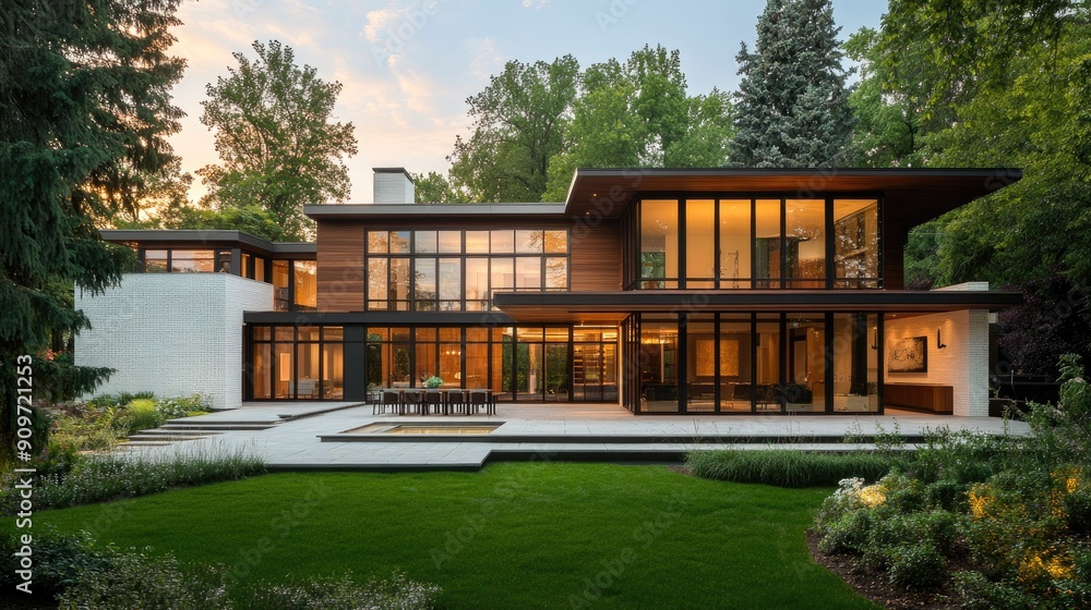 Modern architectural home with floor-to-ceiling windows, cedar siding, white brick walls, and slimline exterior light fixtures Modern architectural home with floor-to-ceiling windows, cedar siding, white brick walls, and slimline exterior light fixtures